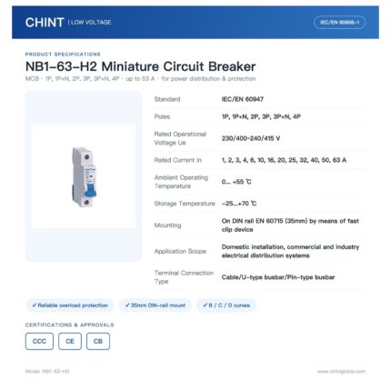 Chint NB1-63-H2 10kA 1A-63A 1P-4P B C D Curve IEC/EN 60947-2 Thermo-Magnetic DIN Rail MCB CHNT Miniature Circuit Breaker