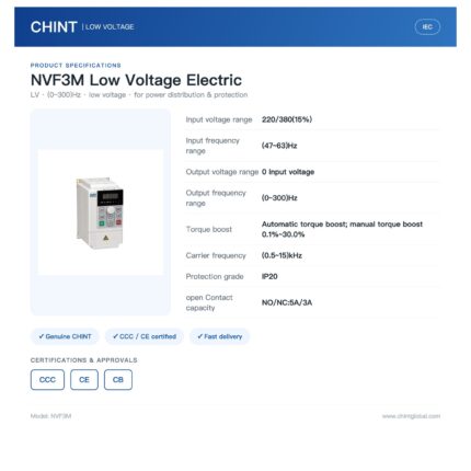 Chint NVF3M VFD Inverter Motor Drive Automatic & Manual Torque Boost IP20 CHNT Variable Frequency Drive