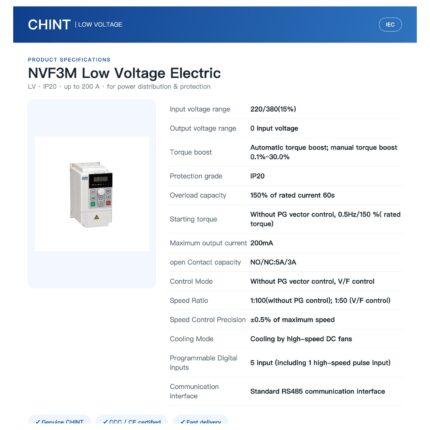 Chint NVF3M 220V 380V IP20 Vector Control 150% Overload VFD AC Motor Drive CHNT Variable Frequency Inverter